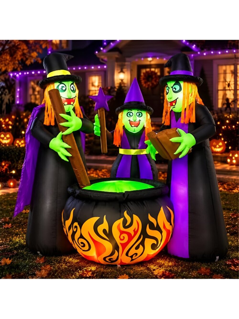 6 FT Halloween Inflatables 3 Witches Around Cauldron Outdoor Decorations, Scary